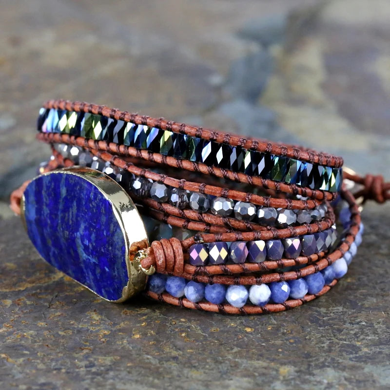 Lapis Lazuli Boho Leather Wrap Bracelet