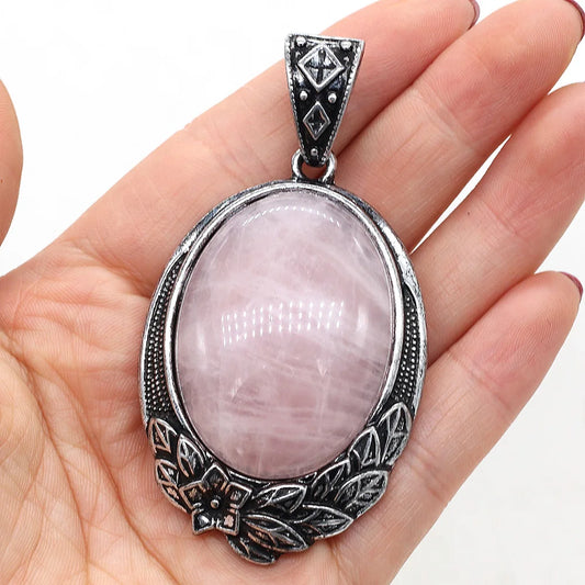 Natural Rose Quartz Cabochon Boho Pendant