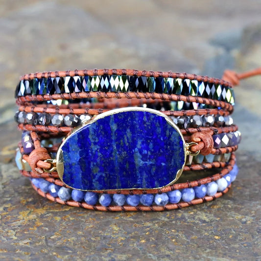 Lapis Lazuli Boho Leather Wrap Bracelet