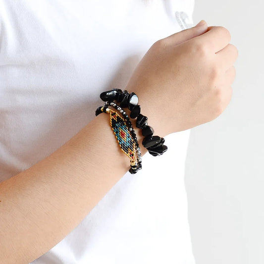 Black Onyx Stretch Boho Bracelet Set (3 pcs)