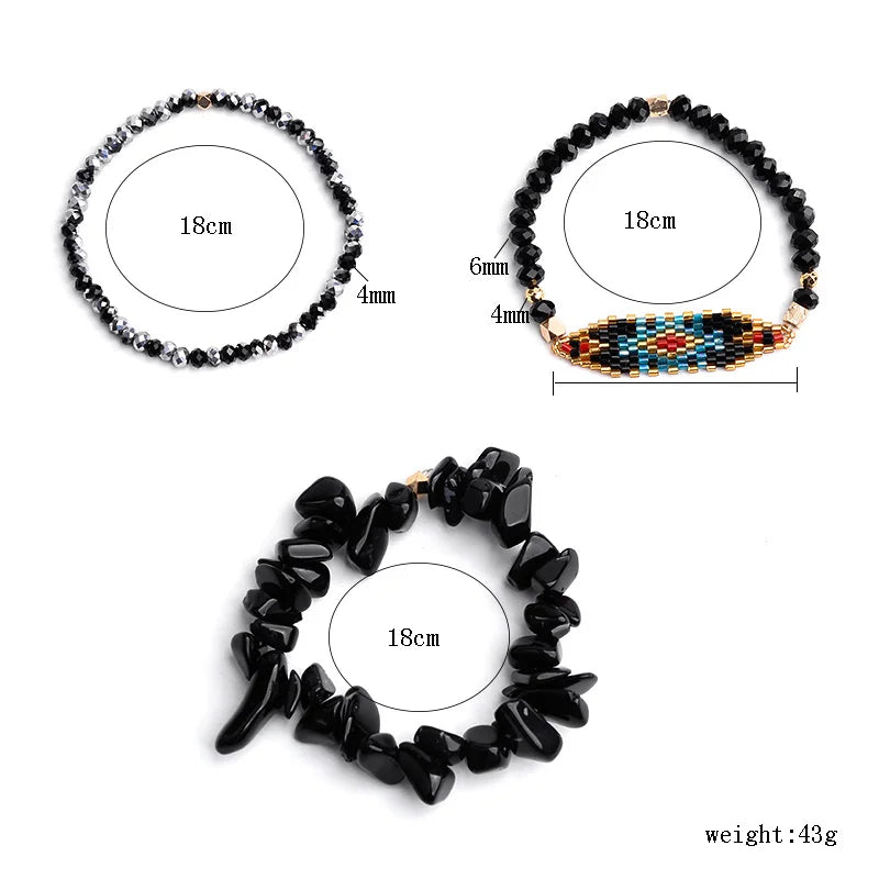 Black Onyx Stretch Boho Bracelet Set (3 pcs)