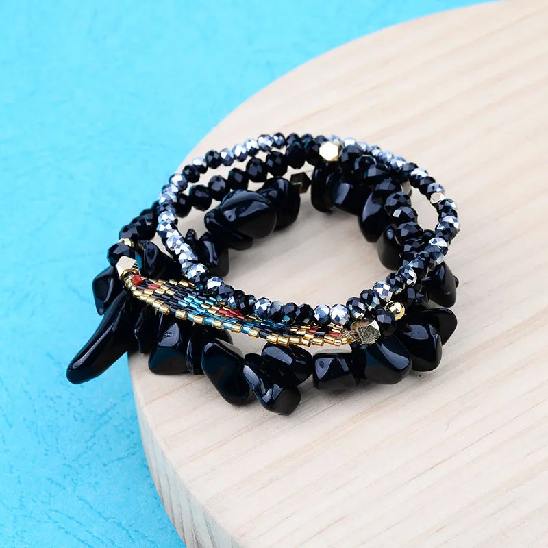 Black Onyx Stretch Boho Bracelet Set (3 pcs)