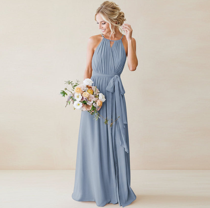 Halter Top Belted Long Boho Bridesmaid Dress