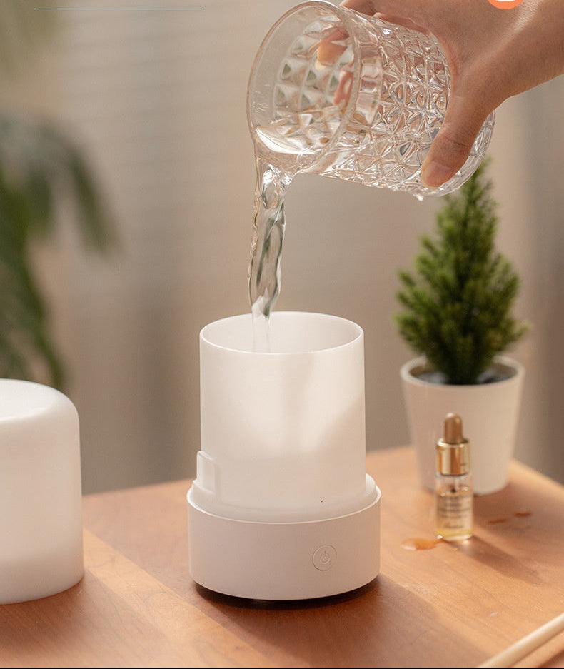Hand pouring water into a white humidifier with text 'Open water tank Easy water addition' on a blurred background.