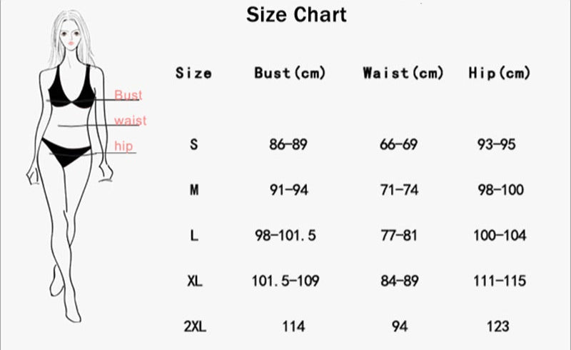 Size chart for women's clothing with measurements in centimeters