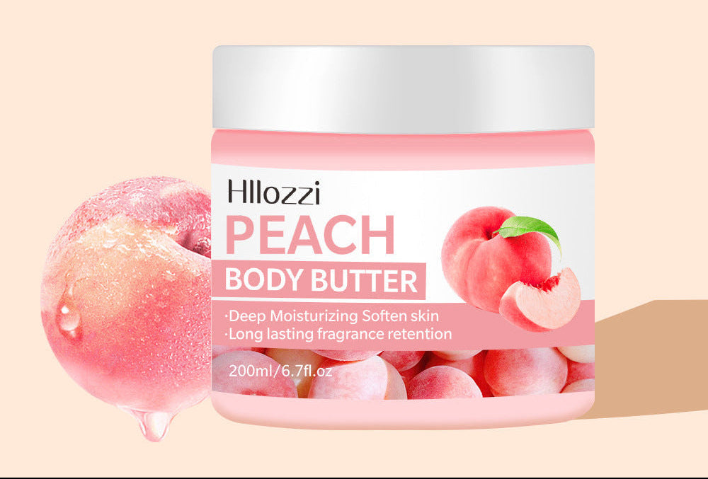Hllozzi Peach Body Butter jar with peach graphics and text about exfoliation benefits on a beige background