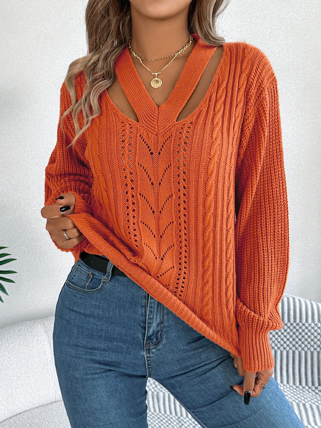 Hollow Out V Neck Cut Out Bohemian Sweater