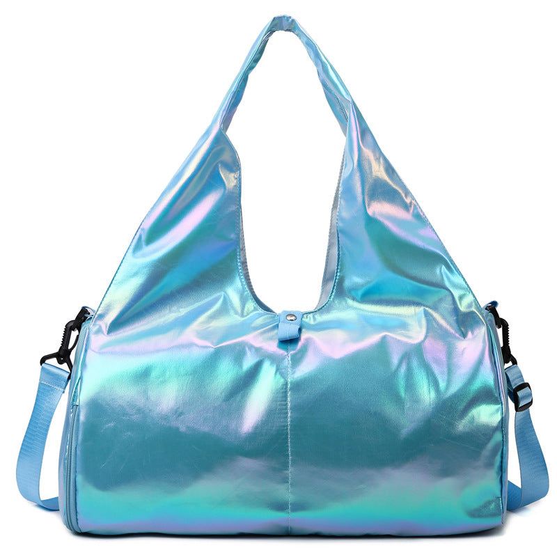 Holographic blue handbag on a white background