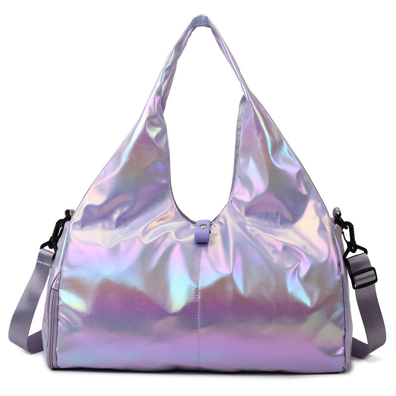 Holographic handbag with a shoulder strap on a white background