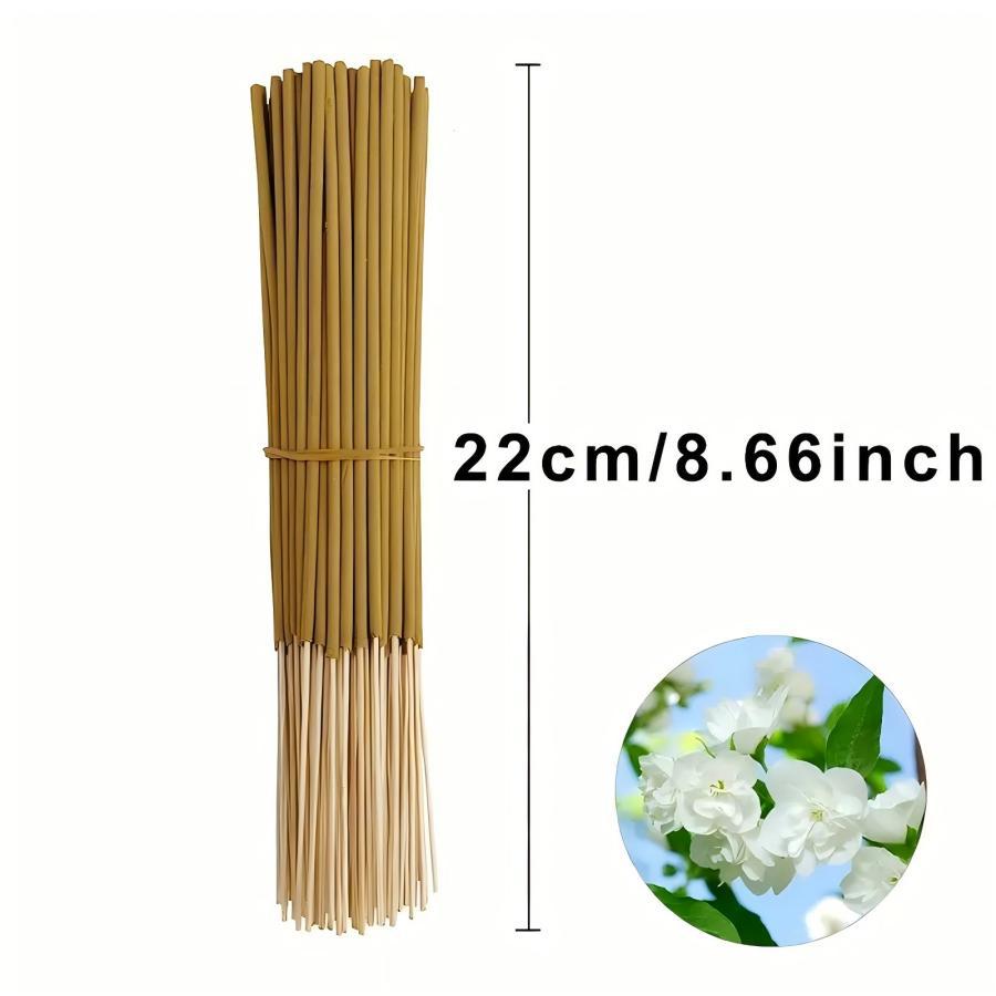 Bamboo sticks with a measurement label and a small inset of white flowers.