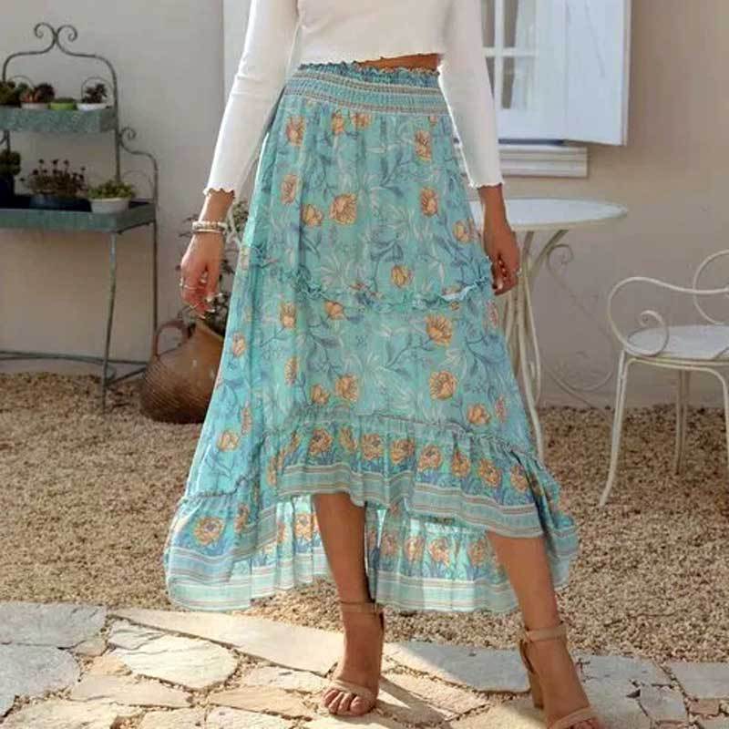 blue Irregular Pastel Ruffle Bohemian Skirt