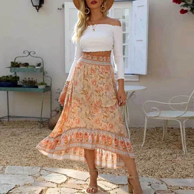 Irregular Pastel Ruffle Bohemian Skirt orange