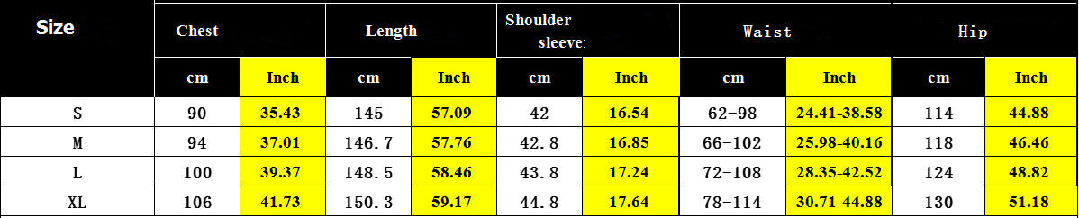 Size chart for clothing with measurements in centimeters and inches.