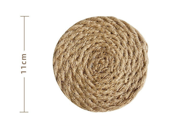 Jute woven insulation pad with dimensions and weight information on a white background