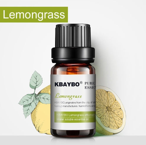 KBAYBO lemongrass essential oil bottle with lemongrass leaves and lemon slices on a white background