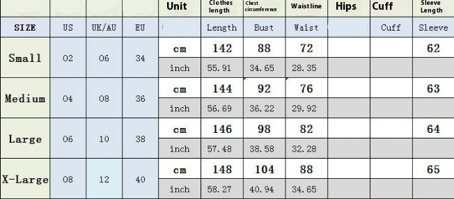 Size chart for clothing with measurements in centimeters and inches.