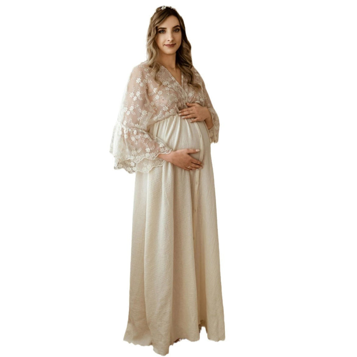 Pregnant woman wearing a beige lace dress on a white background