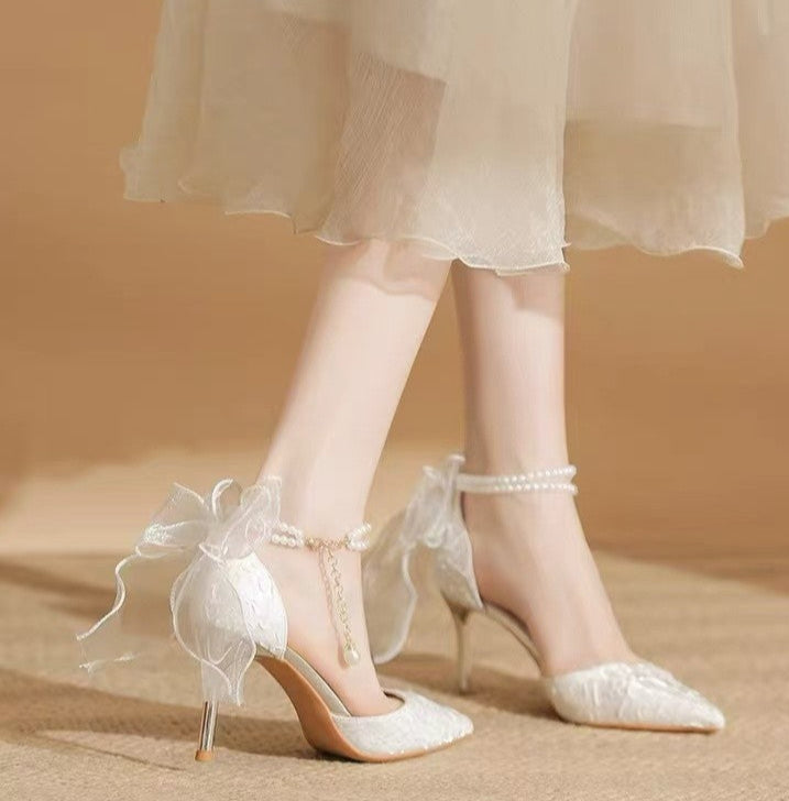 Lace Pointed Toe Wedding Heels with Bows
