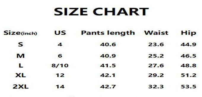 Size chart for pants with measurements in inches
