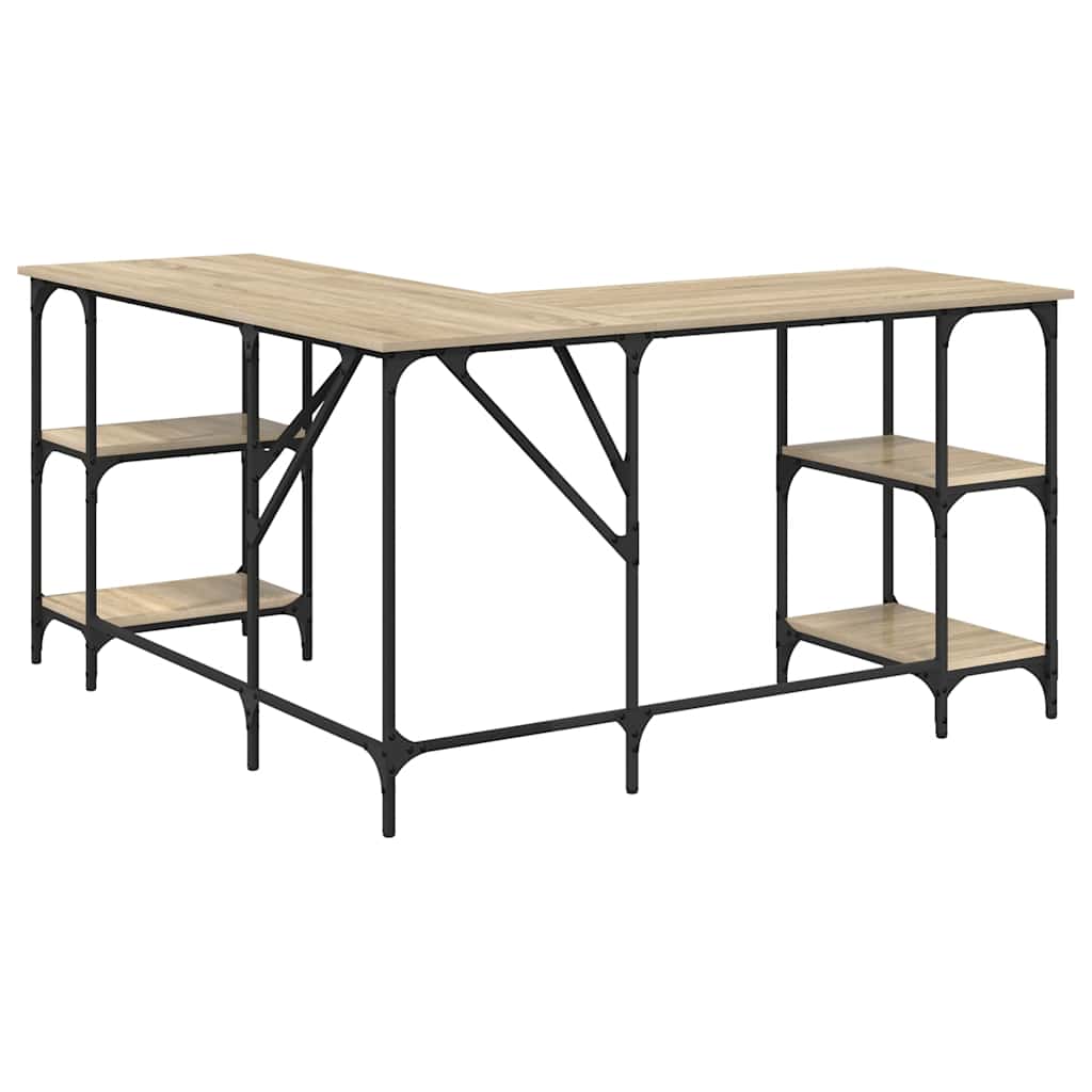 Long wooden table with black metal legs on a white background