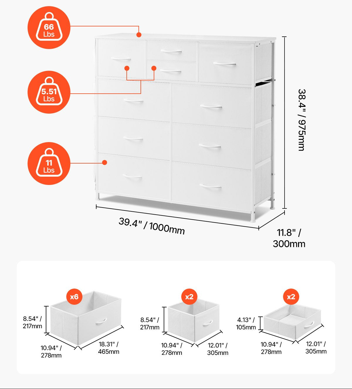 Large White Dresser Fabric Drawers