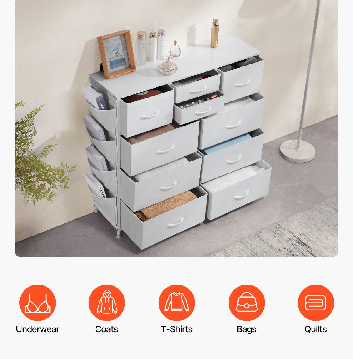 Large White Dresser with Soft Fabric Drawers