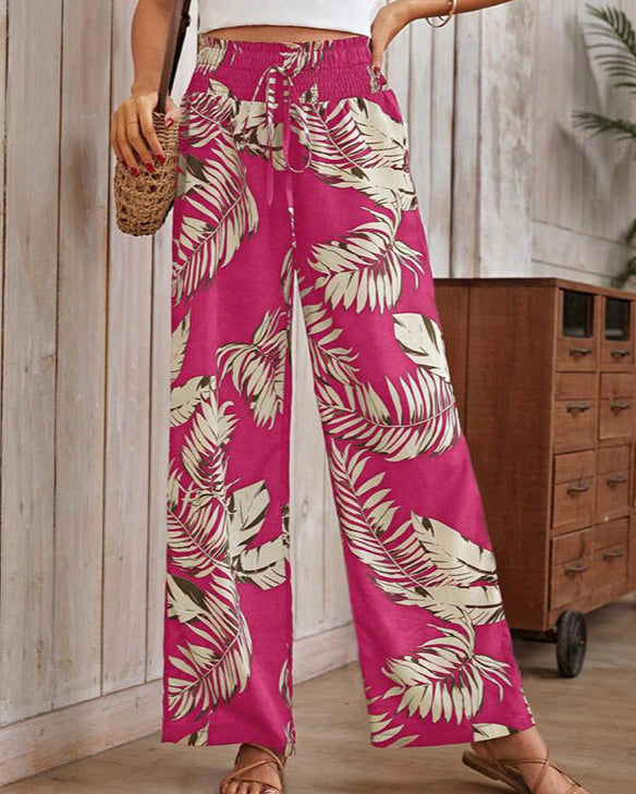 Leaf Print Drawstring High Waist Trousers