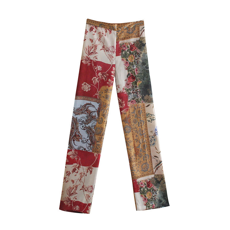 Multicolor Ethnic Straight Leg Pants Patchwork Design