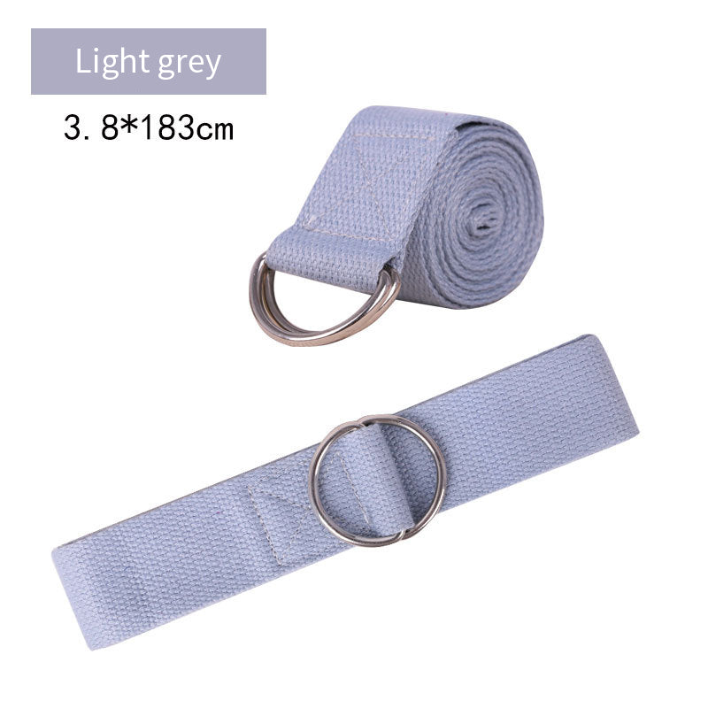 Light gray yoga belt with metal ring on a white background