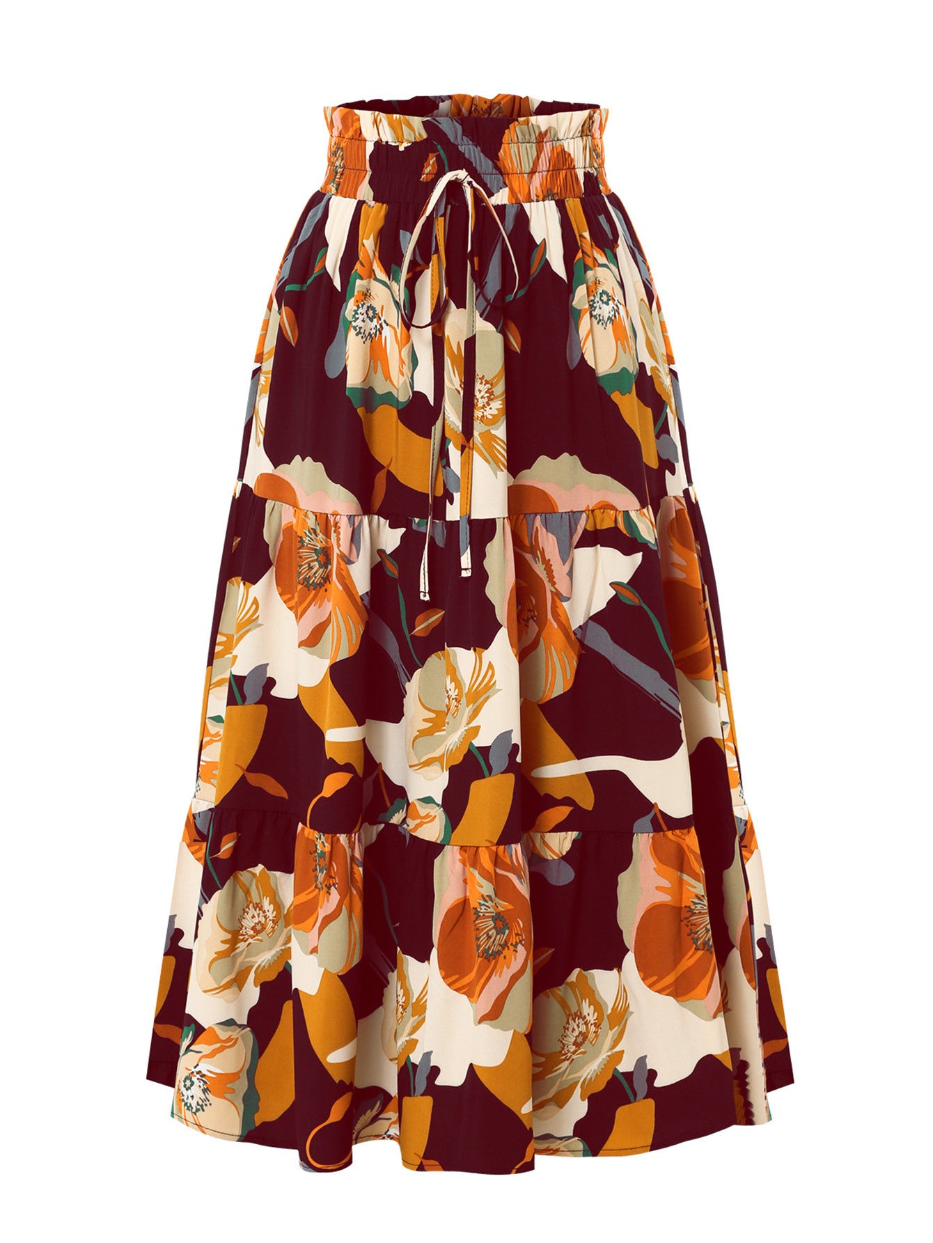 Floral patterned skirt with a drawstring waist on a white background