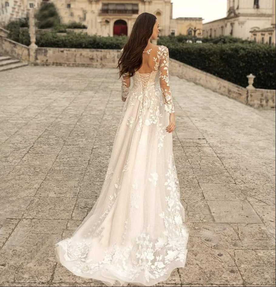 Long Tail Embroidered Boho Chic Wedding Dress