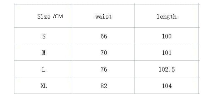 Size chart with waist and length measurements in centimeters