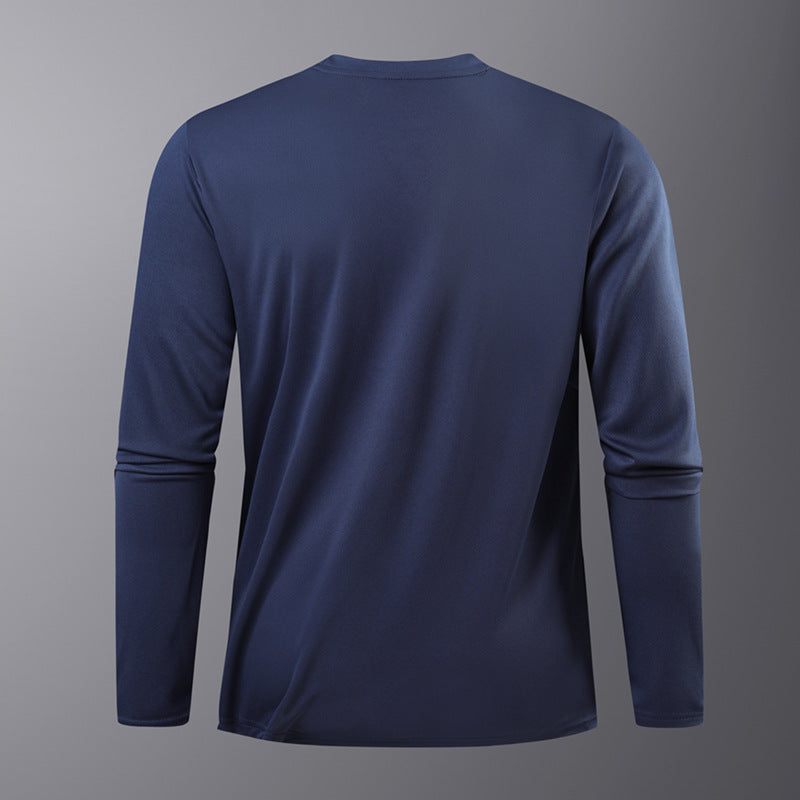 Navy blue long-sleeve shirt on a gray background
