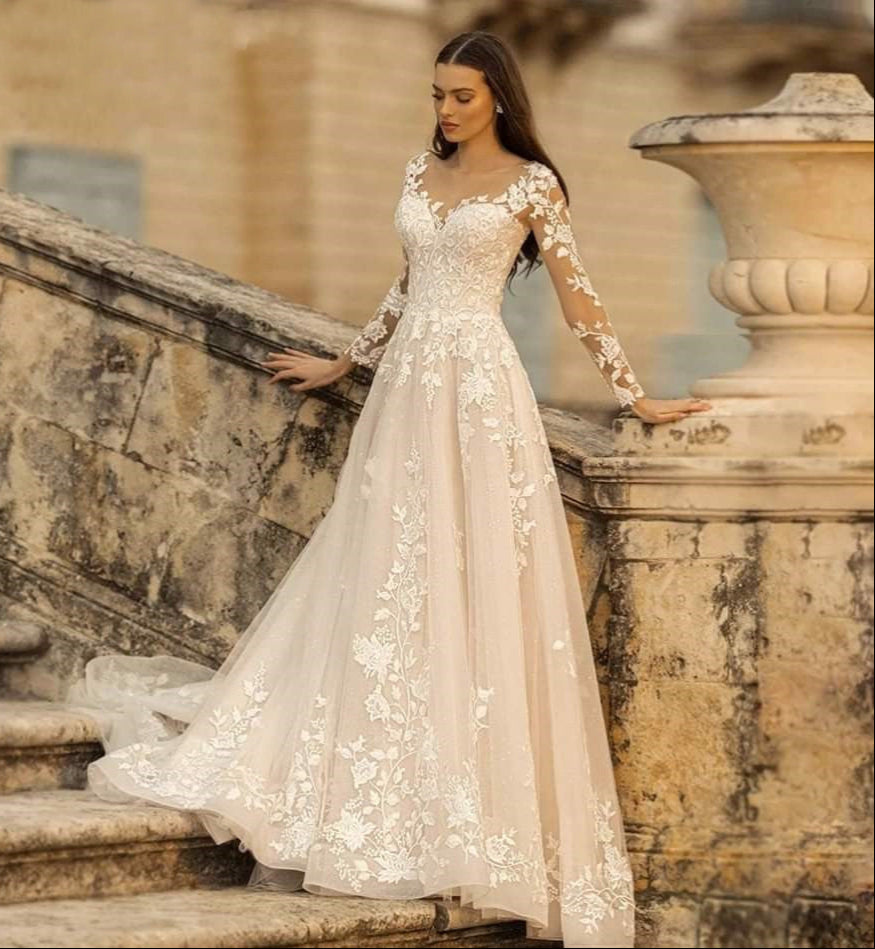 Long Tail Embroidered Boho Chic Wedding Dress