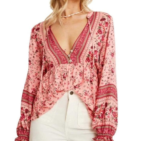 Low Cut Boho Floral Blouse