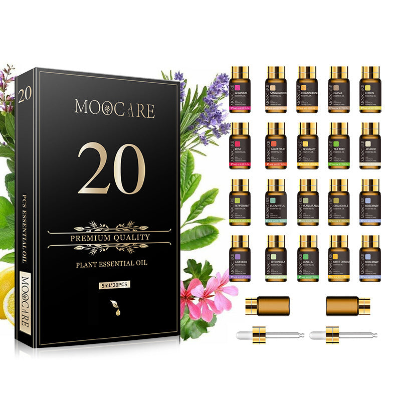 MOOCARE 20 premium quality plant essential oil set with bottles, dropper, and packaging on a white background.