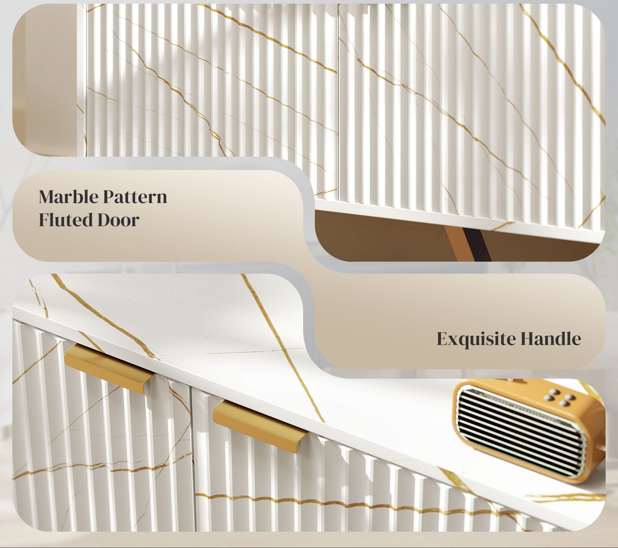 White Marble Design TV Stand Cabinet For Up To 70" TVs with Shelves and Storage Cupboard