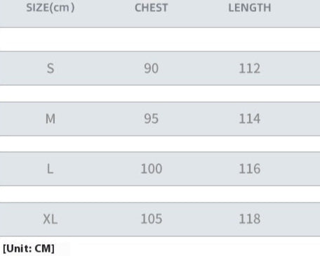 Size chart for a dress with measurements and a model wearing the dress.