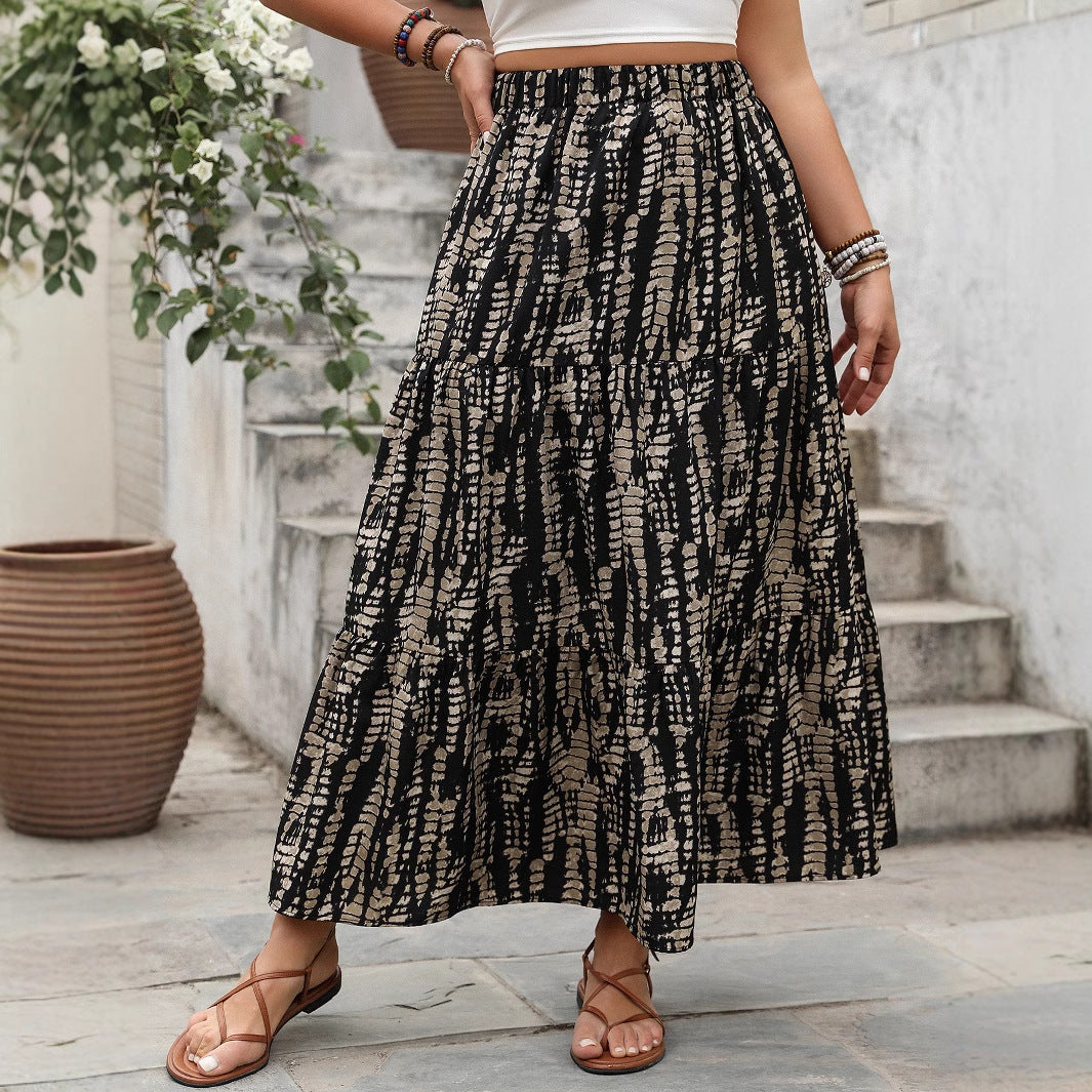 Maxi High Waist Boho Plus Size Skirt in Black and Brown