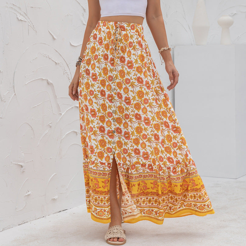 Maxi Button Up Skirt with Boho Floral Print
