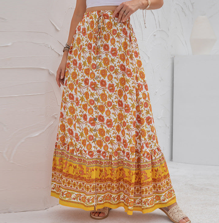Maxi Button Up Skirt with Boho Floral Print