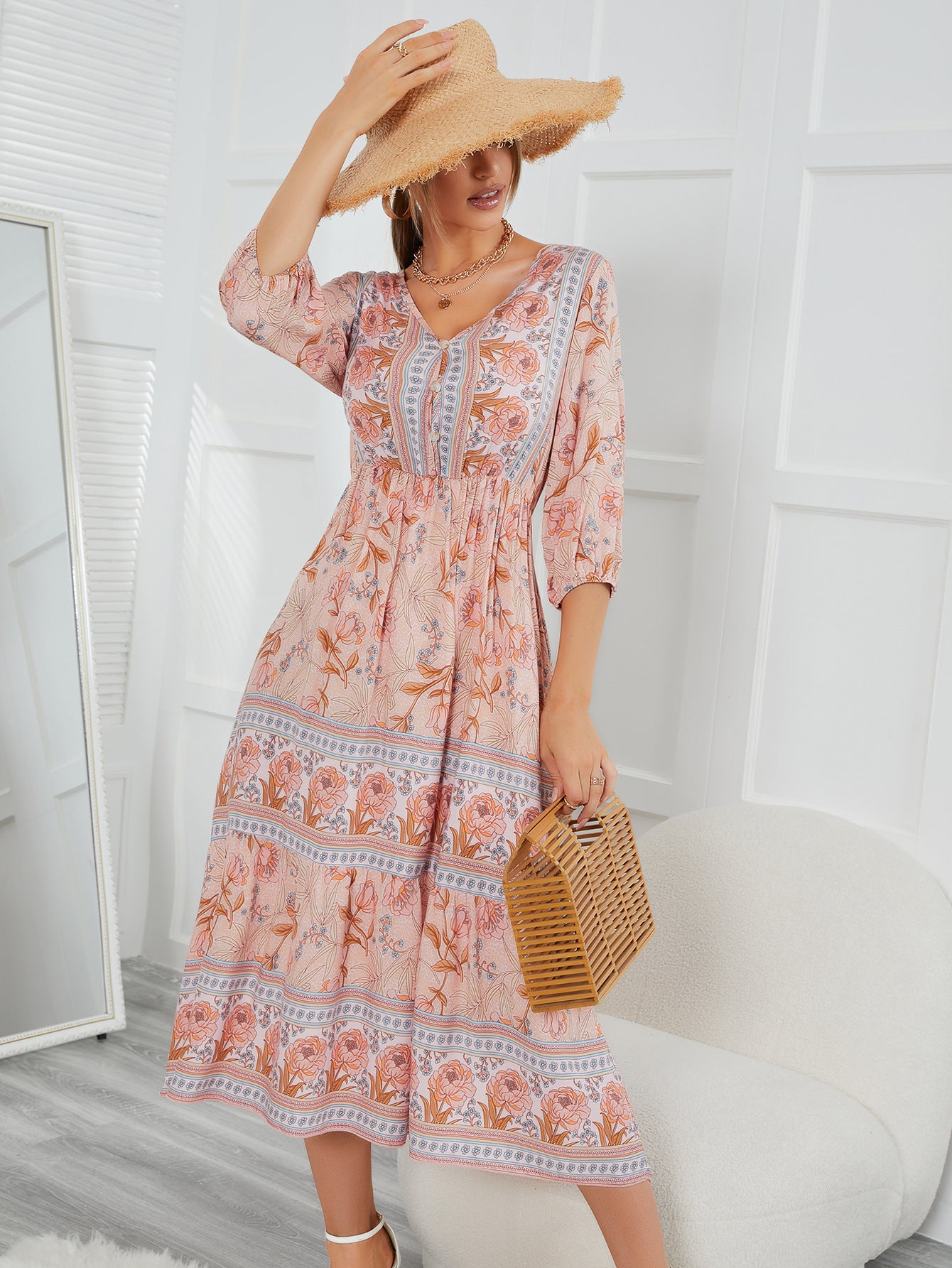 Floral Bohemian Maxi Dress V-Neck Three Quarter Sleeve