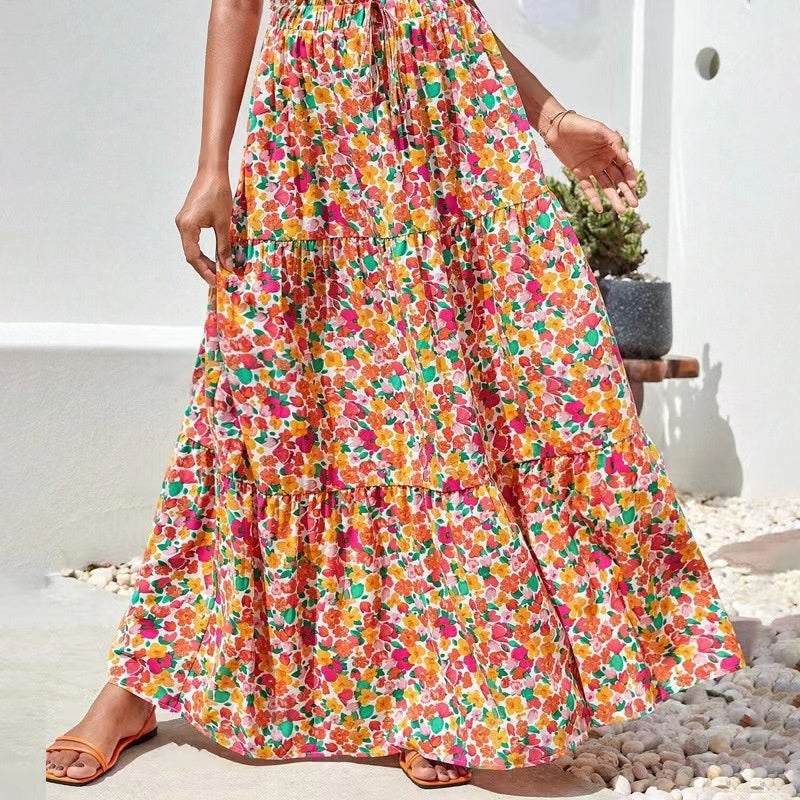 Maxi Flower Print Skirt in Pink and Yellow