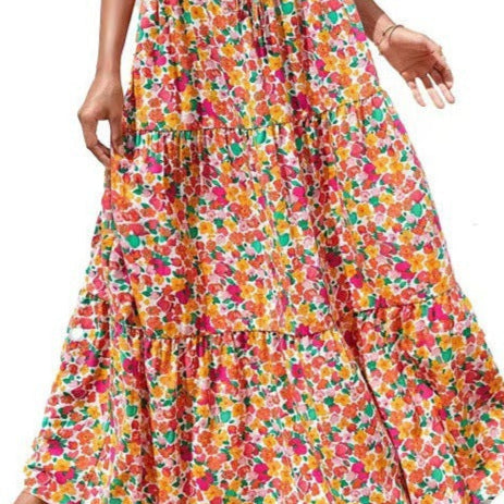 Maxi Flower Print Skirt in Pink and Yellow