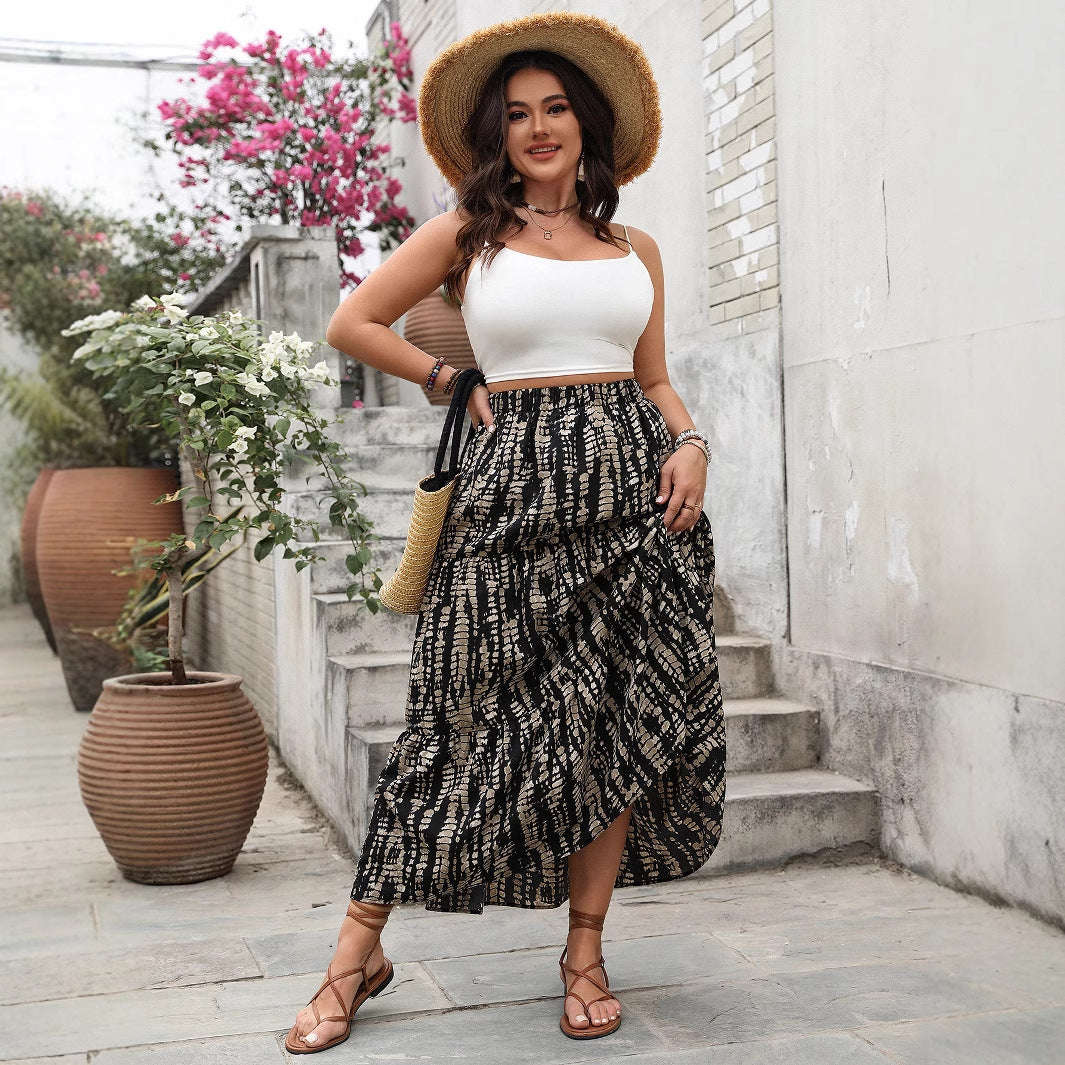 Maxi High Waist Boho Plus Size Skirt in Black and Brown