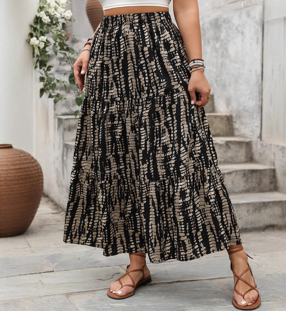Maxi High Waist Boho Plus Size Skirt in Black and Brown