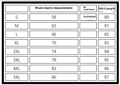 Measurement chart for waist elastic and skirt length with size labels.