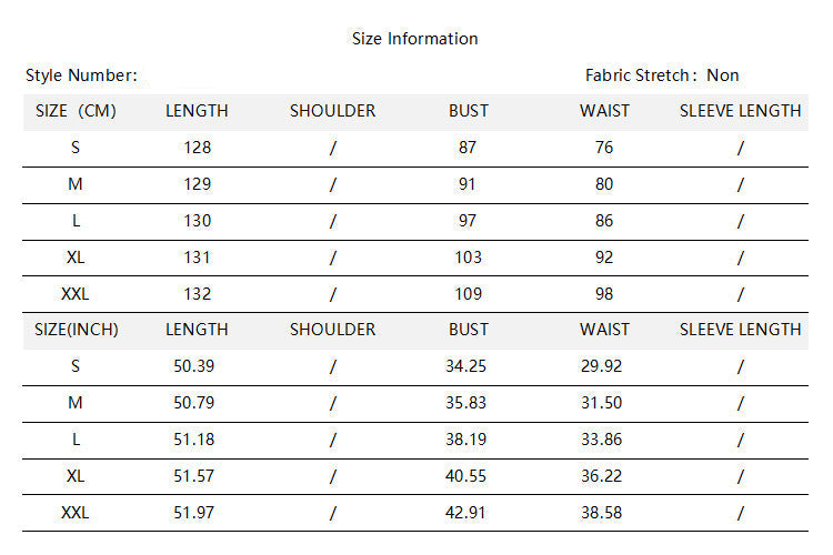 Size chart for a garment with measurements in centimeters and inches.