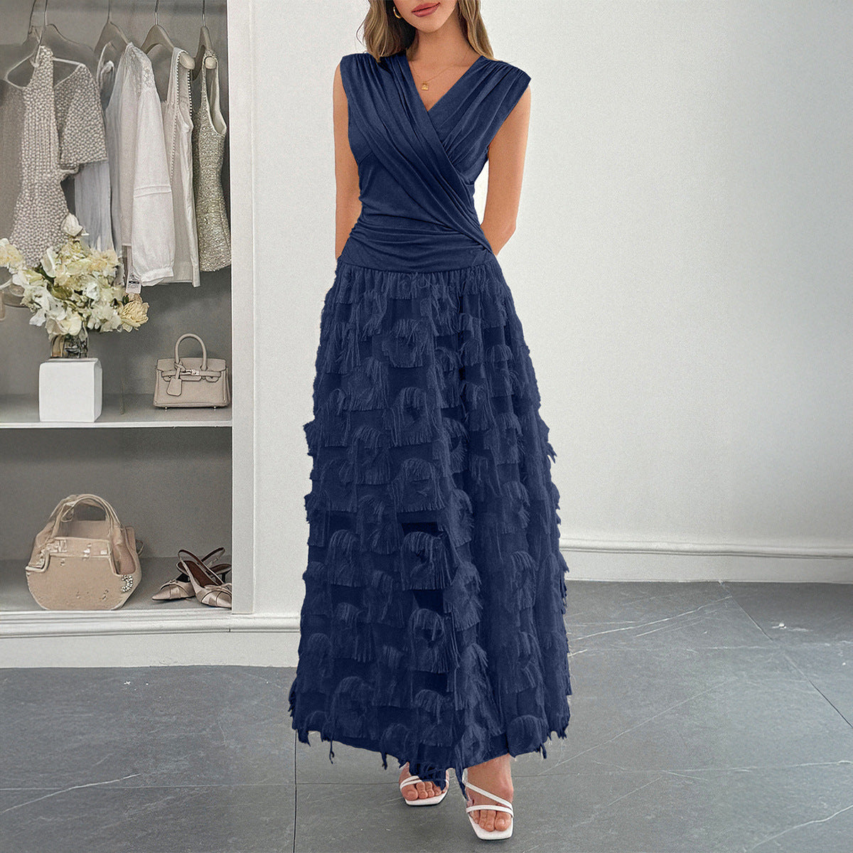 Maxi V-Neck Sleeveless Wedding Guest Dress Boho Style