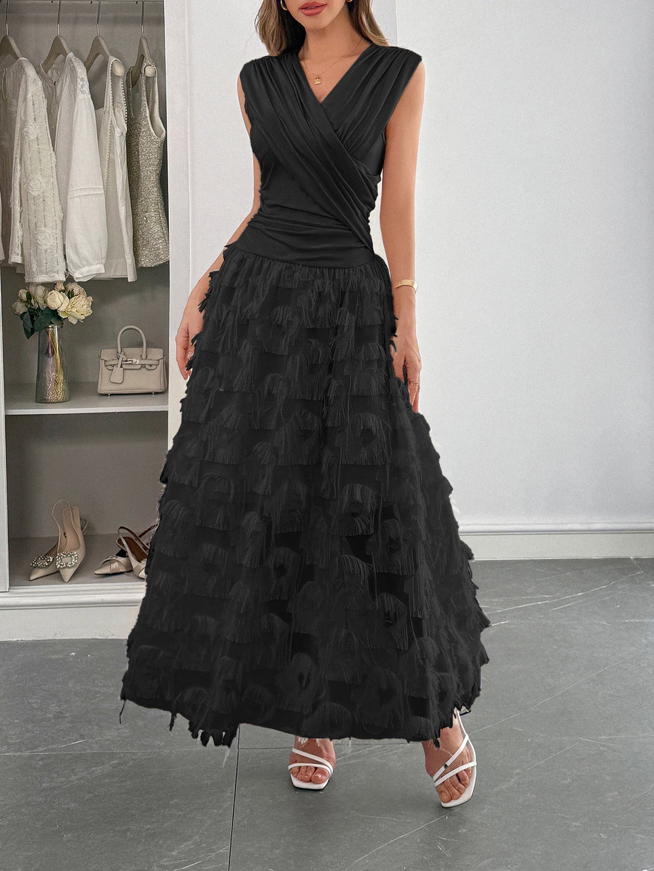 black Maxi V-Neck Sleeveless Wedding Guest Dress Boho Style